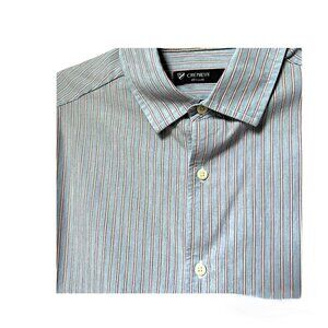 Cremieux Long Sleeved Sleek Dress Shirt Striped Blue Red 100% Cotton Large